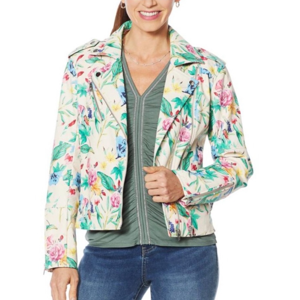 Colleen Lopez Vegan Effortlessly Edgy Floral Print Faux Leather Moto Jacket 3x